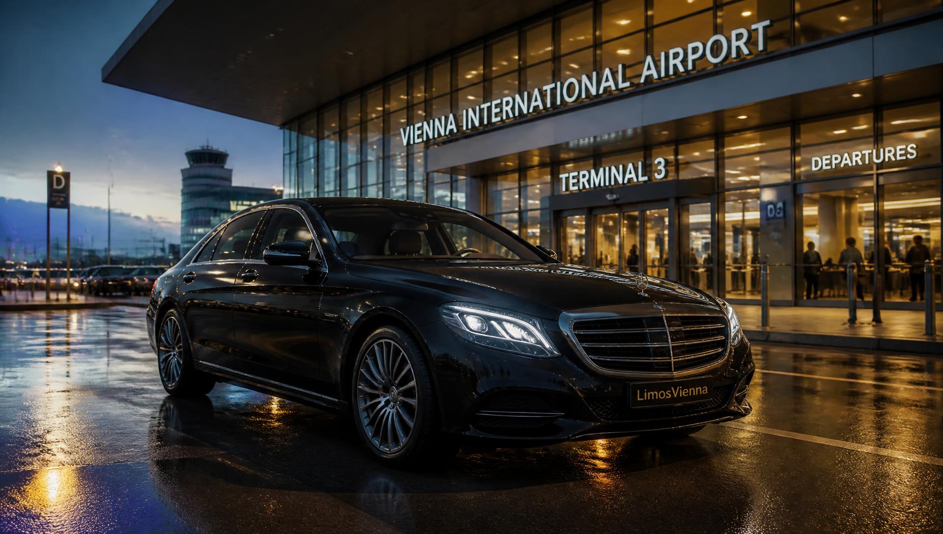 Schwarze Mercedes Limousine als Flughafentaxi vor dem Terminal des Flughafen Wien